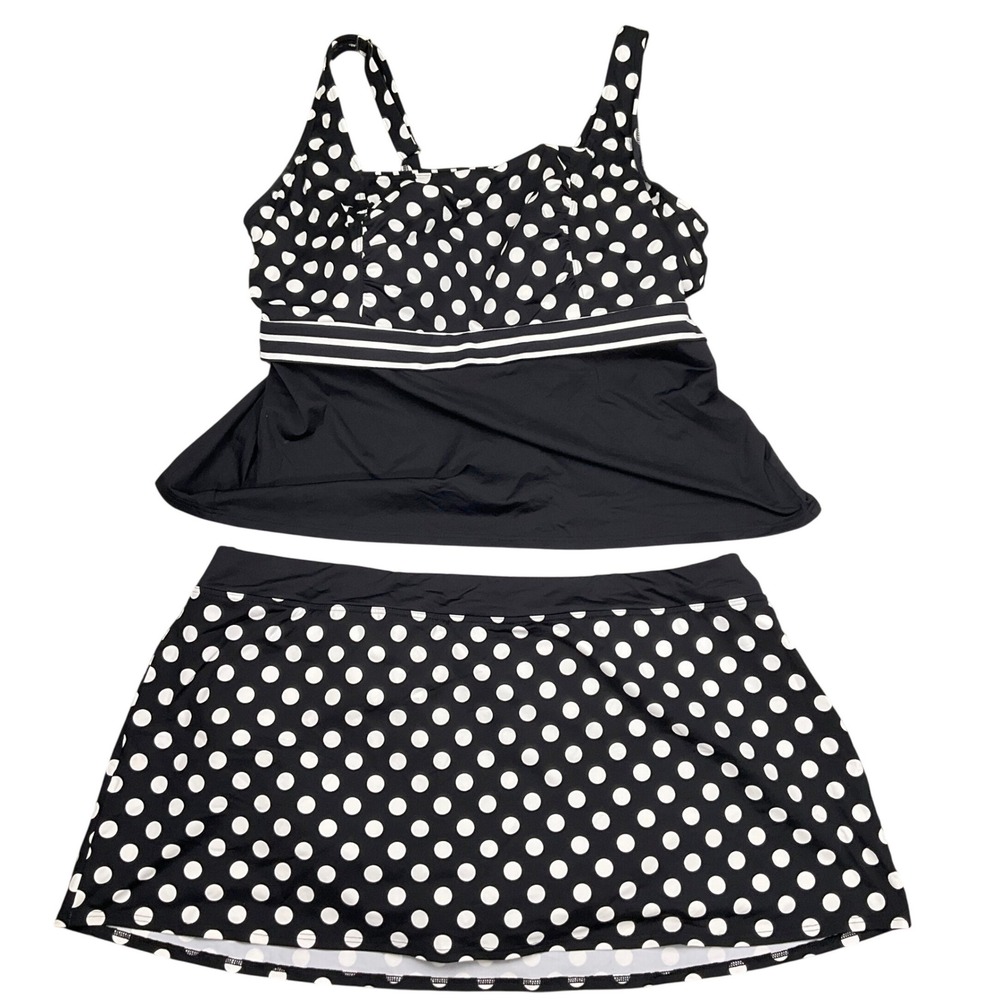 Lands End 2pc Swimsuit Womens 22W Black White Polka Dot 2 Pc Skirt Modest